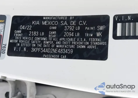 2022 Kia Forte Gt-Line from USA, damaged, VIN 3KPF54AD2NE483459